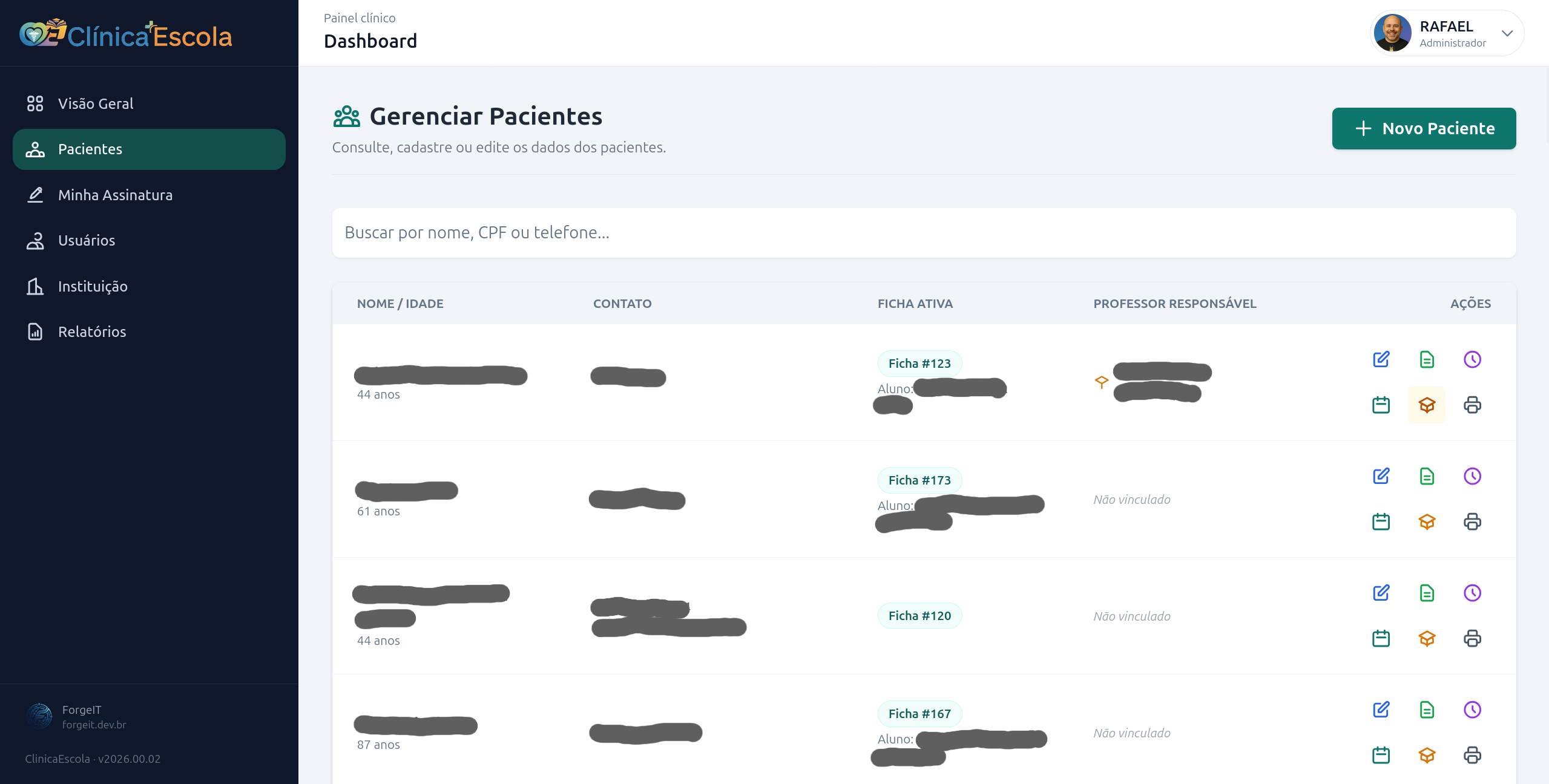 Listagem de pacientes com ficha ativa, aluno e professor responsável