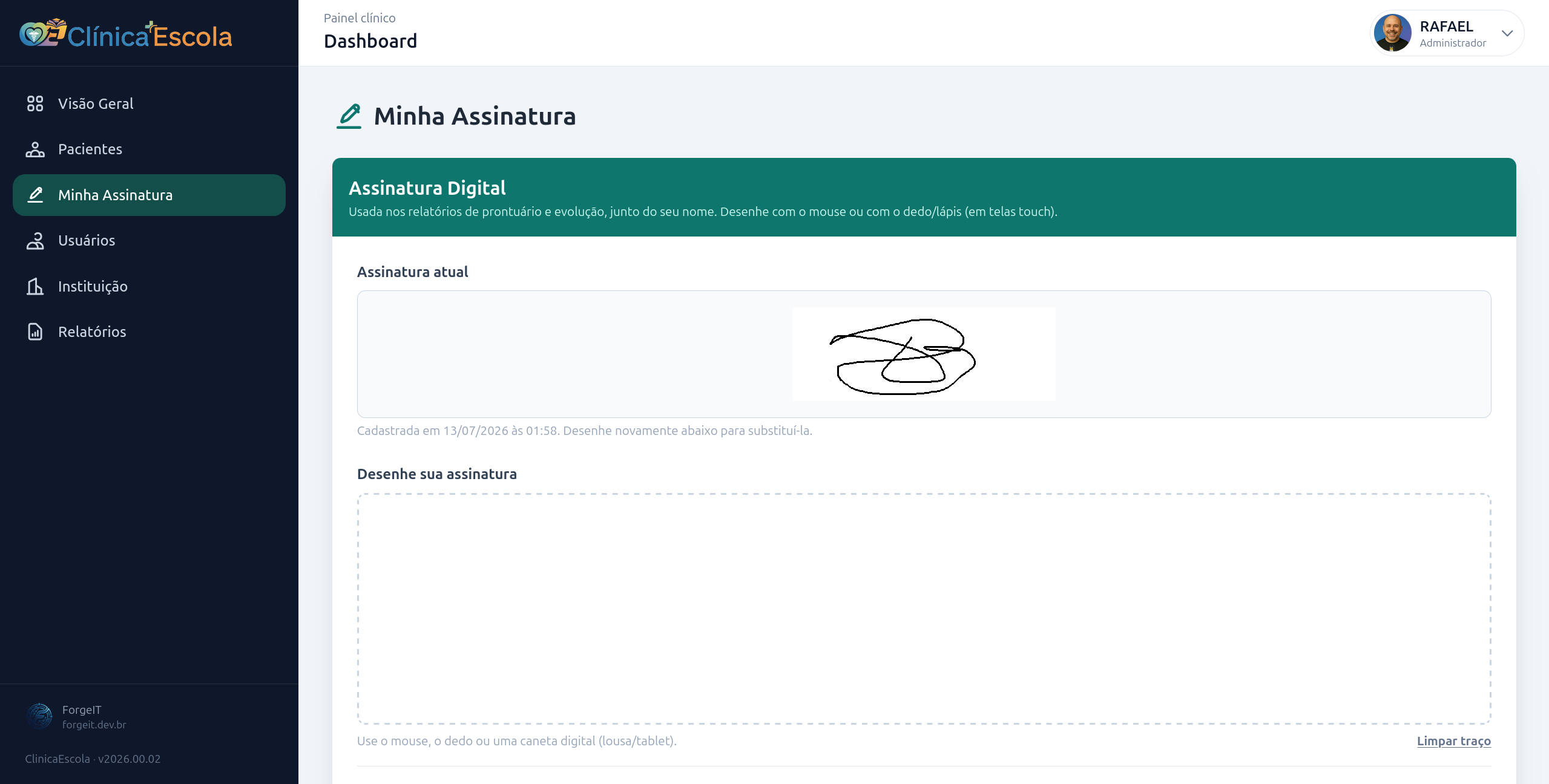 Tela Minha Assinatura para desenhar assinatura digital usada em prontuário e evolução