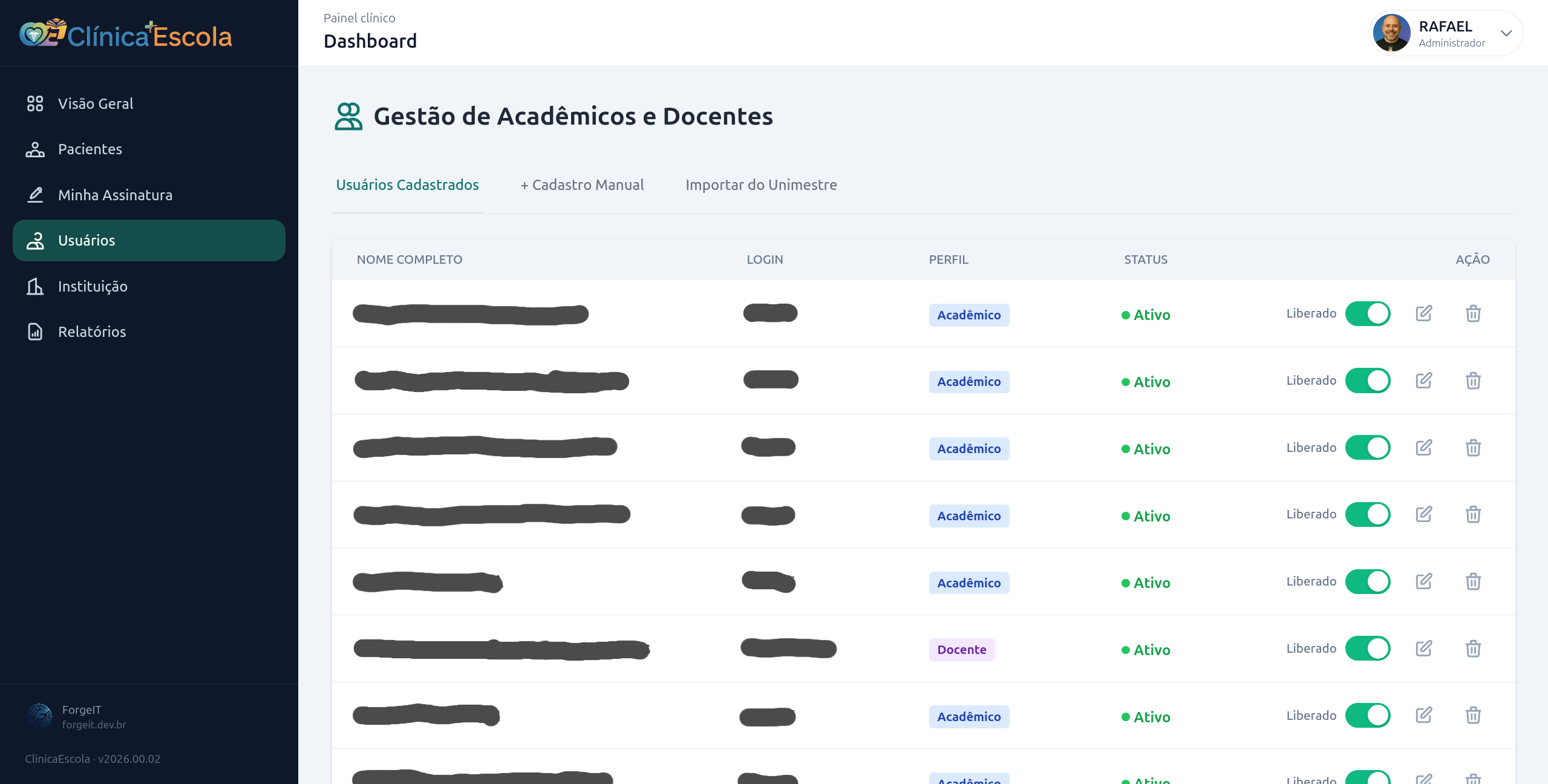Gestão de usuários com perfis acadêmico e docente