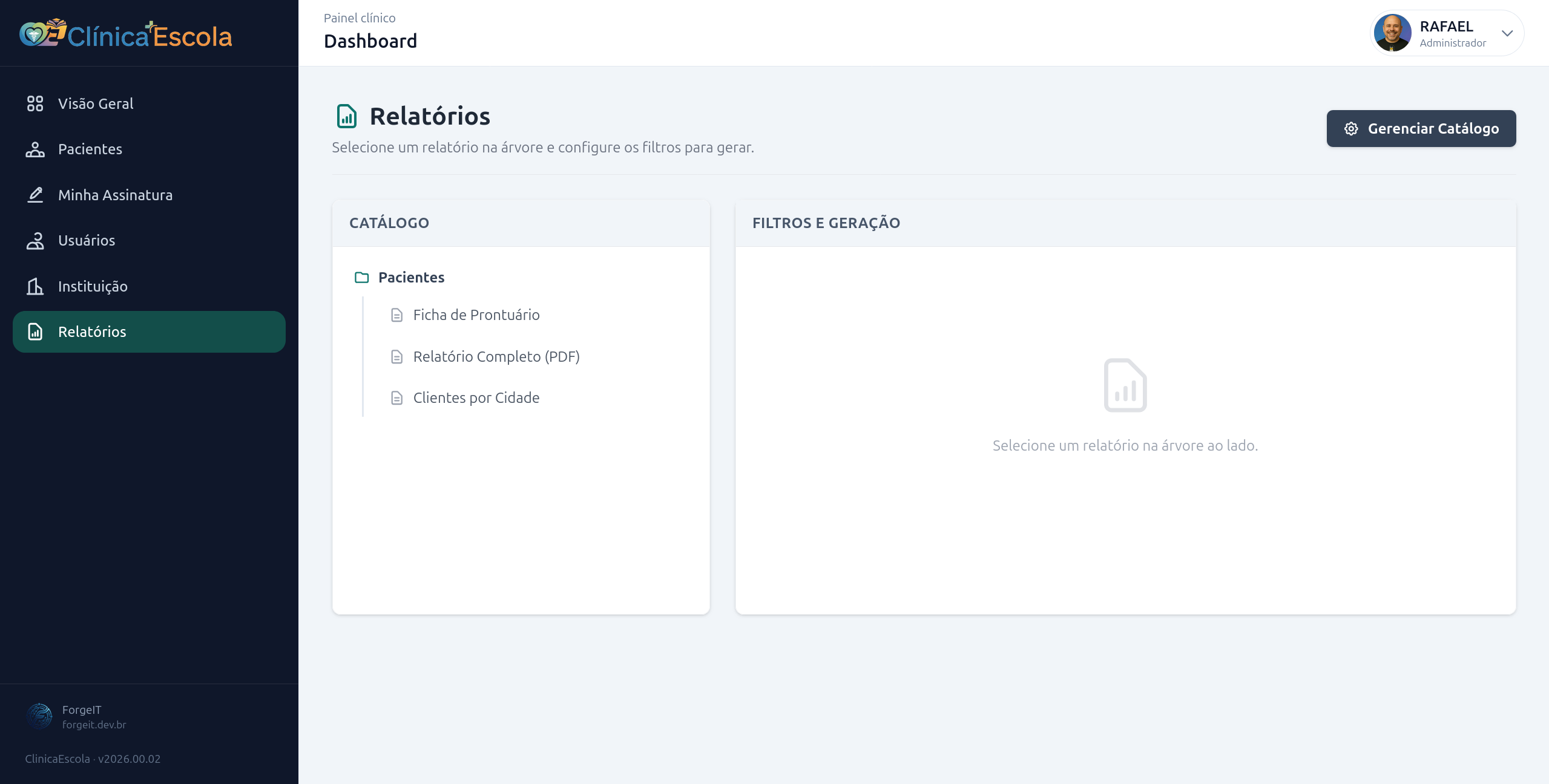 Módulo de relatórios com catálogo e filtros para geração
